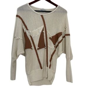 Seymour Kerman 80s Vintage Cream Sweater Small Leather Appliqué Oversized Knit